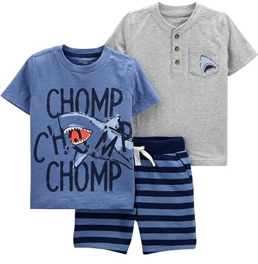 Simple Joys by Carter's 3-Piece Playwear Set Pantaloni, Blu Chomp/Grigio Squalo/Righe, 4 Anni Bimbo