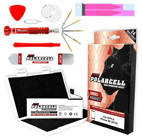 PolarCell Batteria per Apple iPhone SE 2016 | kit di attrezzi incluso | batteria di ricambio da 2100mAh | 29% in più di capacità rispetto alla batteria originale | celle di qualità A+ selezionate