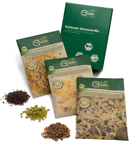 Green SEEDS Bio Keimsprossen Saatgut 3er Set Gourmet-Mix in nachhaltiger Graspapier-Verpackung