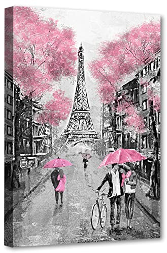 ZHONGYUTONG Paris Wanddekoration mit Rahmen Schwarz Weiß Eiffelturm Straßenmalerei Paris Ikonische Gebäude Bild auf Leinwand Romantischer Wandkunstdruck für Wohnzimmer Schlafzimmer (Rosa, 30x45cm)