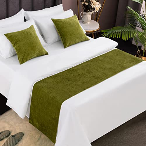 AMBERIS Bed Runner Green, Chenille Soft No Fading Modern Bed Scarf