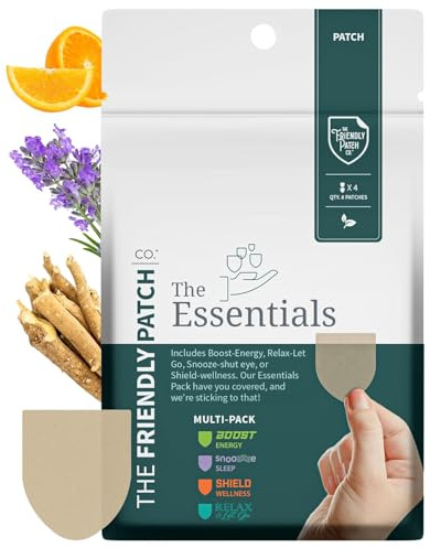 The Friendly Patch Travel Essentials Multi-Pack includes 8 Patches: Snooze Sleep Patches, Ashwagandha calm, Boost Energy Patch, and Shield for Sleeping, Relaxing, and Energy.
