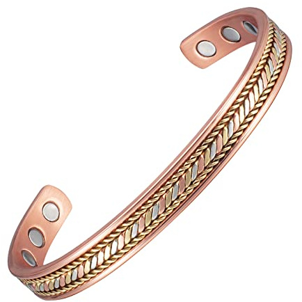 EnerCoppeX Bracelet en cuivre magnétique tressé 3 tons de 16,5 cm - Bracelet magnétique en cuivre massif 99,99 - 8 aimants (3500 Gauss) - Taille réglable - Unisexe