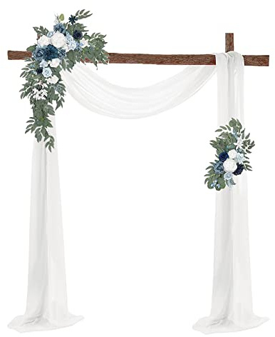 BestAlice Künstliches Hochzeitsbogen-Blumen-Set, 3 Stück, 2 künstliche Blumengirlanden mit 1 weißem Drapierstoff für Hintergrunddekoration, Weiß / Blau