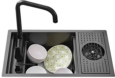 Bar Restaurant Hidden Sink with Cup Washer Stainless Steel Kitchen Sink Vegetable Washing Basin with Cover Plate Mini Sink of RV(58 * 32 * 22cm)