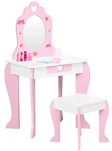 ZONEKIZ Kids Dressing Table with Mirror and Stool, Vanity Set w/Love Heart and Bow Design, Girl Makeup Desk w/Drawer, for Ages 3-6 Years - Pink