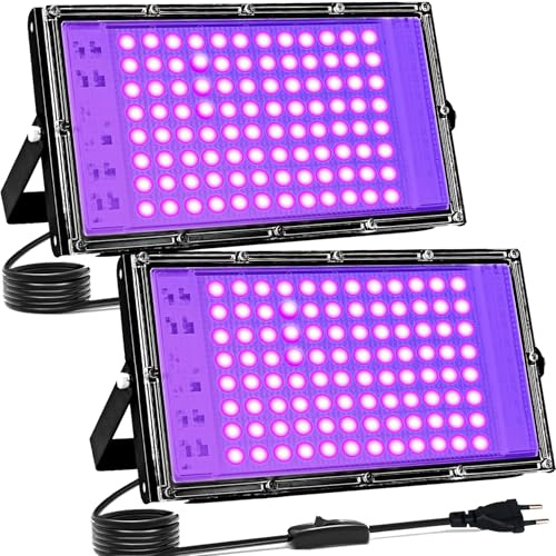 Indmird Luz Negra Ultravioleta, 2 Piezas 100W luz Negra UV con Enchufe,395-400nm Foco uv IP66 Impermeable Luces ultravioleta para GLOW Fiesta,Bar,Halloween,Fiesta,Neón,Black light Party,Discoteca
