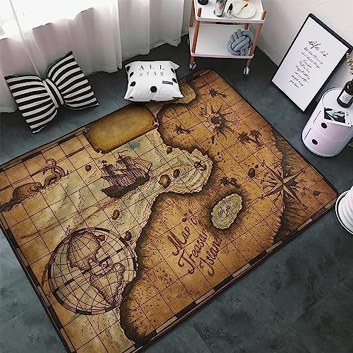 Tapis 3D Carte Au Trésor Pirate Monochrome Vintage Imprimé Décor À La Maison Antidérapant Doux, Tapis pour Chambre d'enfant - Polyester Doux Au Toucher Facile À Nettoyer 50 X 80 Cm