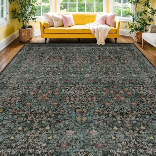 Washable Dark Green Rug for Living Room - 9x12 Large Area Rug for Dining Room Under Table, Bedroom, Soft Low Pile Non-Slip Stain Resistant Carpet - Vintage Floral Design (9x12 Dark Green)