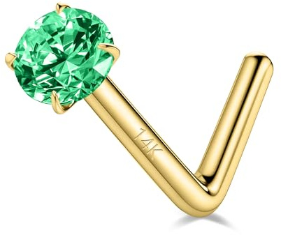 SYLWIA 14K Real Gold Nose Studs, 20G 18G L-Shaped Corkscrew Nose Rings | Simulated Emerald Diamond CZ - 2mm 2.5mm 3mm, Hypoallergenic Nose Piercing for Women Men