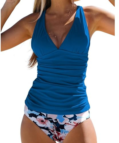 Tankini Damen Bauchweg, Tankinis für Damen, Badeanzug Schwarz Shape Bademode Schwimmanzug Badeanzüge Set 2 Teilig mit Oberteil und Badeshort Bade Blau Einfarbig Sexy Teenager Mädchen