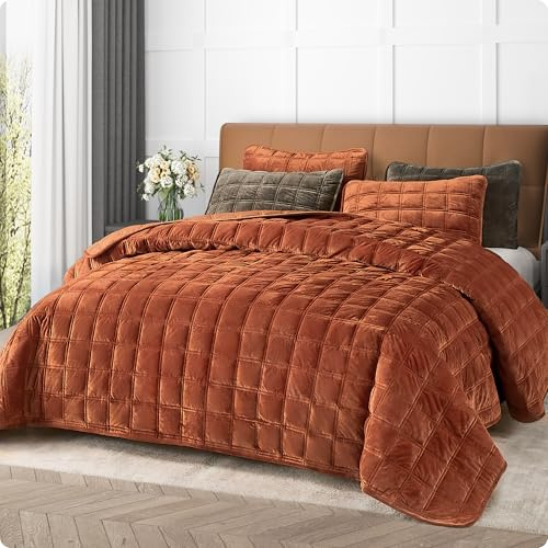 Fleeco Double-Side Velvet Queen Size Quilt Comforter Set, Reversible 92''x96'' Oversized Luxury Ultra Soft Bedspread with 2 Matching Shams, All-Season Bedding, Burnt Orange