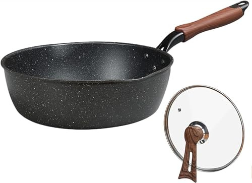 Wokpfanne mit Deckel, Bratpfanne aus Aluminiumlegierung, mit Stielkasserollen, metallische Antihaft-Bratpfanne, geeignet für alle Wärmequellen, einschließlich Induktion, schwarz(24cm)