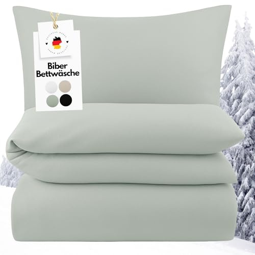 Carpe Sonno Biber Bettwäsche 135x200cm Salbeigrün [Made in Germany] - 100% Baumwolle - Set 2 teilig Kissen und Decke | Flanell Bettwäsche 135x200 Winter | Biber Bettbezug | Winterbettwäsche kuschelig