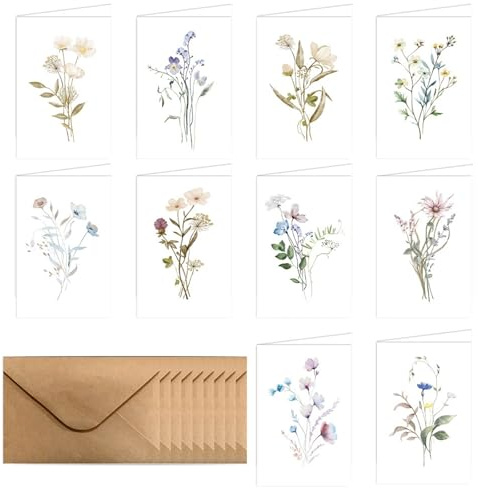 10er Set Blumen-Grußkarten mit Umschlag, Elegante Klappkarten, Geburtstagskarten, Dankeskarten Set