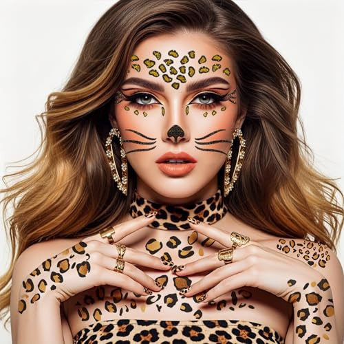 Leoparden Tattoo Gesicht – Temporäres Leopard Gesichtstattoo & Leoparden Sticker Gesicht Set (4 Stück), Katzen Tattoo Gesicht für Damen, Karneval Fasching Accessoires