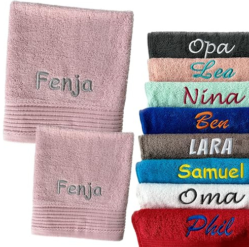 Schnoschi Handtuch 2er Set rosa 30 x 50 cm Gästehandtuch und 50 x 100 Duschhandtuch personalisiert mit Namen, Motiv, Initialen oder Wunschtext Bestickt, 100% Baumwolle, 450 g/m²