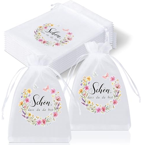 Hestya 30 Stück Schön Dass Du Da Bist Organzabeutel Mit Blumenmotiv | Gastgeschenke für Hochzeit Geburtstag Firmenfeiern Abschiedsfeier Firmung, Organzasäckchen für Schokolade Kekse Geschenke