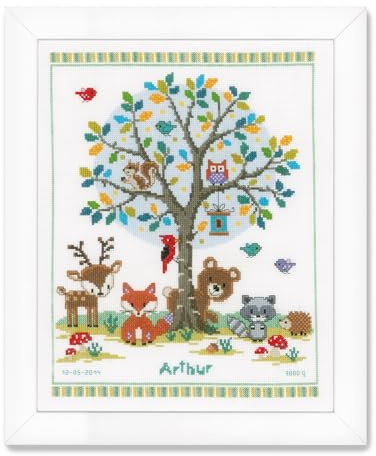 VERVACO Gezählter Kreuzstich Stickpackungen Stickset Baby Geburt Im Wald Wanddekoration Handarbeit Set für Erwachsene Kreatives Handwerk ca. 28 x 35 cm Geburt Geschenk Hausdeko