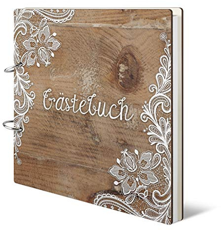 Hochzeit Gästebuch Holzcover - Rustikal Motiv - Quadratisch, 215x215mm, 72 Blatt / 144 Naturpapier Innenseiten, Ringbindung, die sich öffnen lässt