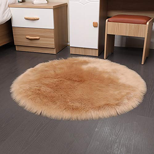 Naturer Rund Teppich Langflor Braun 120cm Faux Lammfell Teppich Kunstfell Dekofell Lammfellimitat Teppich Wohnzimmer Schlafzimmer Kinderzimmer als Bett-Vorleger oder Matte für Stuhl Sofa