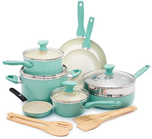 GreenPan Rio Healthy Ceramic Non-Stick 16 Piece Pots and Pans Cookware Set, Includes Frying Pans, Saucepans, Utensils,PFAS Free,Stay-Cool Handle,Oven Safe up to 160°C,Dishwasher Safe,Turquoise & Cream