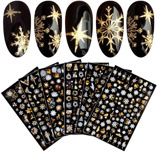 JMEOWIO Nagelsticker Weihnachten, 8 Blätter Nagelaufkleber Selbstklebend Nagel Sticker Schneeflocke Rentier Nail Art Decals Design DIY Dekoration (Gold und Weiß)
