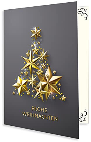 NEUSER PAPIER 50x kleine Weihnachtskarte DIN A7 in Grau mit goldenem Weihnachtsbaum aus Sternen - Faltkarten mit Weihnachtsmotiv - 7,4 x 10,5 cm - Weihnachtsgrüße für Firmen und Privat