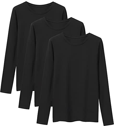 LiKing Camiseta de Manga Larga Mujer Básico Camisa Blusas Tops con Cuello Redondo en Algodón, Pack de 3 Negro 6151 X-Large
