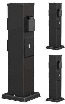 ledscom.de 3X Garten Steckdosensäule Polly für außen, IP44, Smart Home, WLAN, Alexa, 3-Fach, Edelstahl, schwarz, eckig, 40 cm