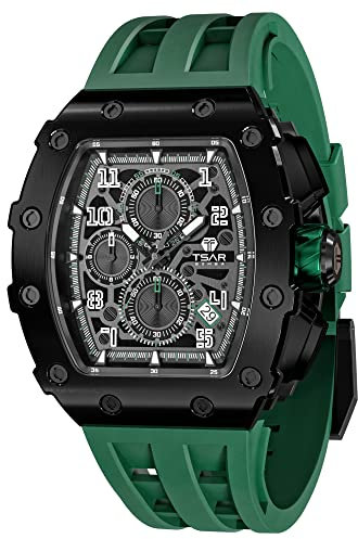 TSAR BOMBA Montre Homme Tonneau de vin Boîtier en Acier Luxe étanche 50M Lnoxydable Verre Saphir Lumineux Bracelet en Gel de Silice Fonction Chronographe Date Quartz Luxe Mode Cadeau pour Homme