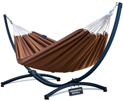Potenza Outdoor Hängematte mit Verzinkter Gestell für 2 Personen I Baumwolle Doppelhängematte XXL 220x160, 200kg I Hängemattengestell 220kg, wetterfest (Toffee, Basic Gestell Graphit)