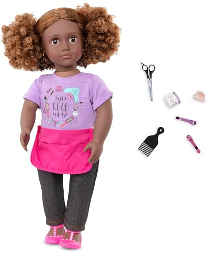 Our Generation BD31336Z Puppe Ashanti 46cm Puppe mit Stylistenschürze, Puppenzubehör und tolle Locken zum Frisieren – Kinder Spielzeug ab 3 Jahren - 45422 HCM Kinzel