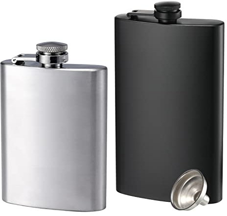 2 Pack Hip Flasks for Liquor, 4 oz & 8 oz Stainless Steel Leakproof Thin Flasks with Funnel, Portable Pocket Hip Flasks for Men & Women (4 oz Silver, 8 oz Black)