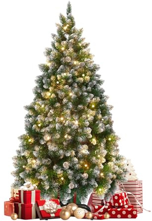 LARS360 Albero di Natale artificiale da 180 cm, con illuminazione, in PVC verde con effetto neve con pigne di pino, decorazione natalizia con supporto in metallo