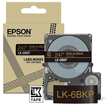 Epson Etikettenkassette, Metallicband LK-6BKP gold auf schwarz, langlebiges Beschriftungsband für Epson LabelWorks Etikettendrucker, wasser- & verschleißfest, 9 m x 24 mm