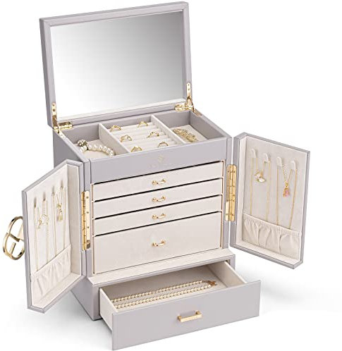 Vlando Schmuckkasten Groß, Französisches Schmuckkästchen 6 Ebenen, Schmuck Organizers Groß XXL mit Spiegel, Schubladen, Schmuckaufbewahrung Damen, Schmuckschatulle für Ohrring, Ketten, Uhren