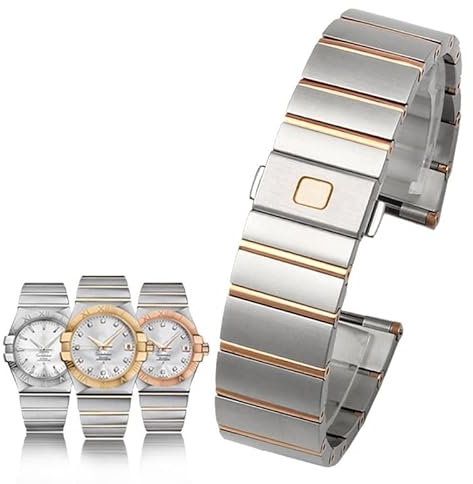 CYSUE Für Omega Stahlband Sternbild Double Eagle Series Stahlarmband Herren Damen Uhrenkette 17 mm 23 mm 25 mm (Farbe: Silber Roségold, Größe: 25 mm)
