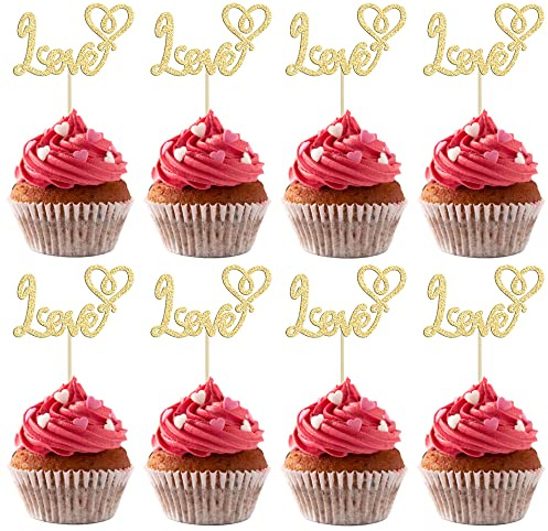 Gyufise 24Pcs Love Cupcake Toppers Gold Glitter Sweet Love Valentine's Day Cupcake Picks Decorations for Valentine's Day Theme Wedding Engagement Bridal Shower Birthday Party Supplies