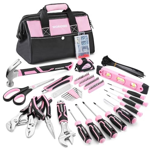 WORKPRO Pink Tool Set, 277 PCS Home Repairing Tool Kit, Pink Tool Bag with 13-Inch Wide Mouth Open Storage Bag, Portable Home Tool Kit Including Hammer, Screwdriver, and Household Tools - Pink Ribbon