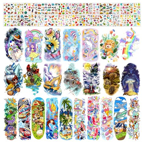 Partywind 66 Sheets Kids Full & Half Arm Temporary Tattoos Sleeves, Fake Tattoo Stickers with Dinosaur/Pirate/Cars for Boys, Butterfly/Mermaid Tattoos for Girls, Kids Party Supplies