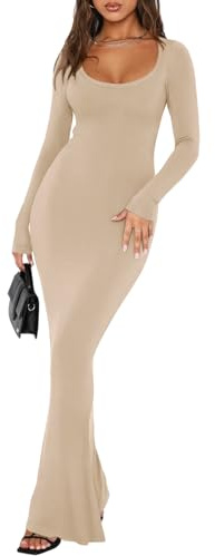 REORIA Damen Sexy Kleid mit quadratischem Ausschnitt und Langen Ärmeln weiches Lounge-Kleid Lässige gerippte figurbetonte Maxikleider