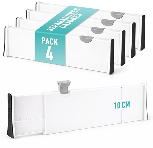 AMMERGI Separadores Cajones de 10 cm Altura - Organizador Armario, 27,5-43,5 cm Ajustables - Accesorios Para Cocina/Dormitorio/Baño/Oficina/Armario. Divisores para Almacenaje Ropa/Camiseta/Pantalones