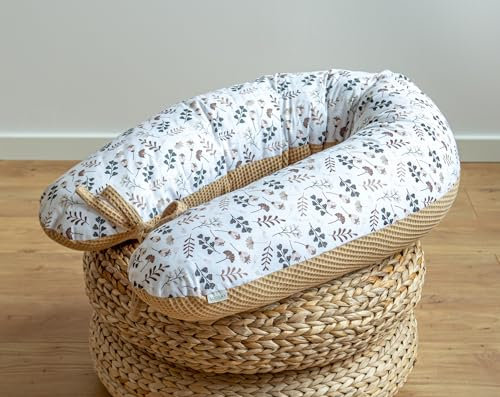 LOOLAY Schwangerschaftskissen - Stillkissen 170 cm - Seitenschläferkissen 100% Baumwolle - mit Abnehmbarem Bezug - Ergonomisches Schwanger Kissen für Schlafen (Taupe Waffel/Braun Wiese)