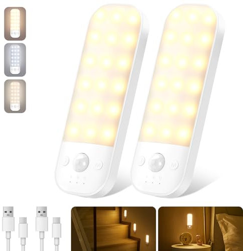 Nachtlicht mit Bewegungsmelder, [2 Stück] USB Wiederaufladbar LED Nachtlicht, mit 3 Modi, 3 Farbtemperaturen, Stufenlos Dimmbar, Abnehmbarem Schranklicht für Kinderzimmer, Flur, Treppe, Schlafzimmer