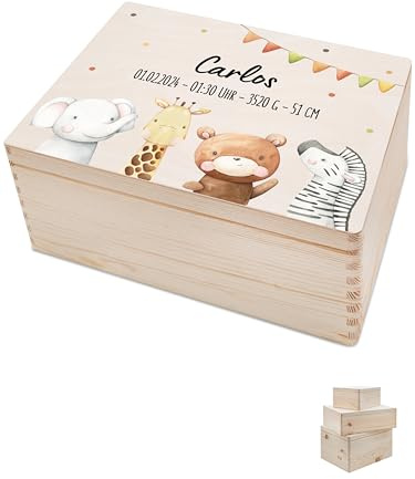 Bärenfreunde - Personalisierte Erinnerungsbox Baby mit Spezial-Druck - Individuelle Baby Erinnerungsbox - Erinnerungskiste aus Holz - Geschenk zur Geburt (M | Klappdeckel,Tiere Girlande)
