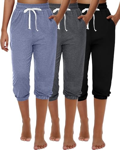 Ficerd 3 Pezzi Pantaloni della Tuta Capri da Donna Pantaloni da Jogging Estivi Casual Sportivi Cropped Pantaloni da Salotto a Vita Alta Sportivi con Tasche(Nero, Grigio Scuro, Azzurro,Large)