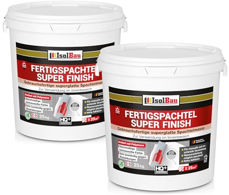 Isolbau Super Finish Spachtel 50 kg, Glättspachtel Fugenspachtel, Gebrauchsfertige Polymer-Gips Fertigspachtel Spachtelmasse für innen, Weiß Q1-Q10