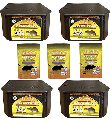4 Trappole per Ratti e Topi Contenitori con Esca Topicida con Chiavi di Sicurezza a Norma H.A.C.C.P. Kit Completo anti Roditori - Sandokan