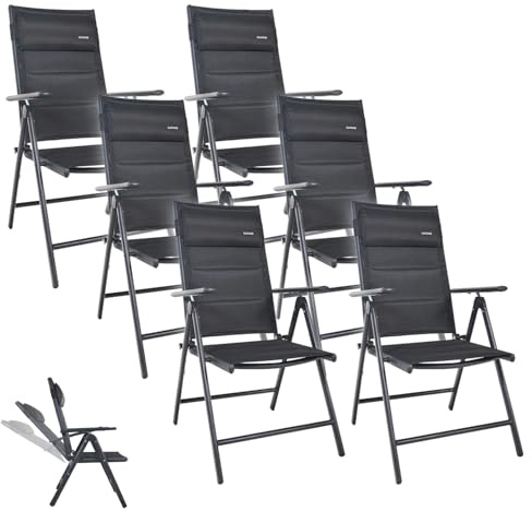 GARMIO® Gartenstuhl Florenz Schwarz, 7-Fach verstellbar, klappbar, inkl. höhenverstellbares Nackenkissen, für Terrasse oder Garten, 6er Set